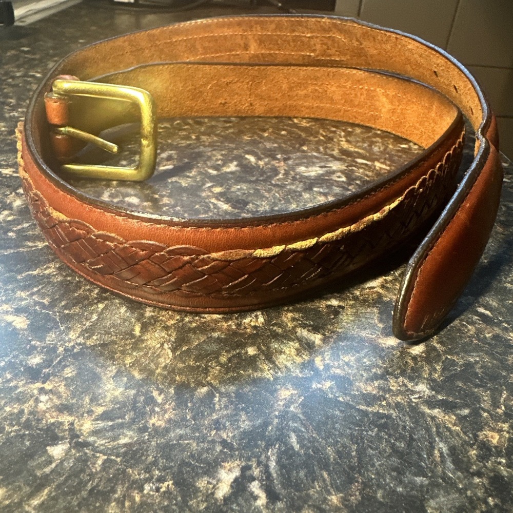 Gant Mens Burnished Cowhide Belt Burgundy Braided Size 38‎